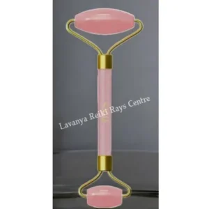 Rose Quartz Facial Roller made from natural crystal, designed to soothe skin, reduce puffiness, and promote a youthful glow