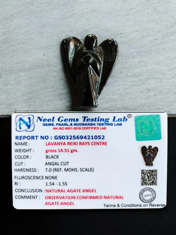 Certified Black Tourmaline Angel Amulet featuring genuine black tourmaline in a detailed angel design, symbolizing protection, grounding, and spiritual strength